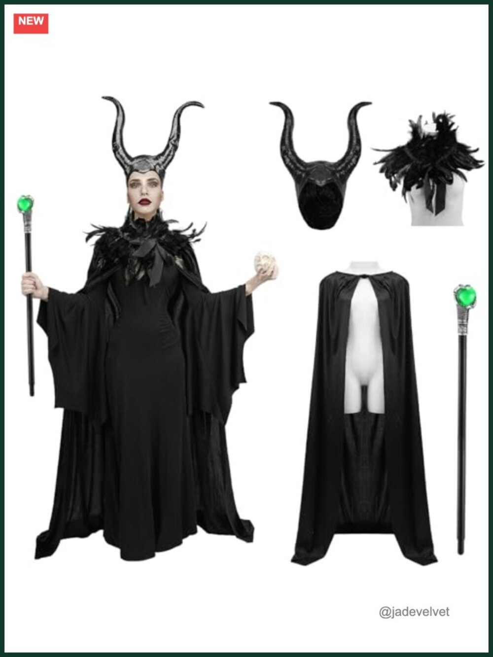 Women's 4Pc Evil Queen Costume Feather Cape Horns Hat Cloak Wand Halloween